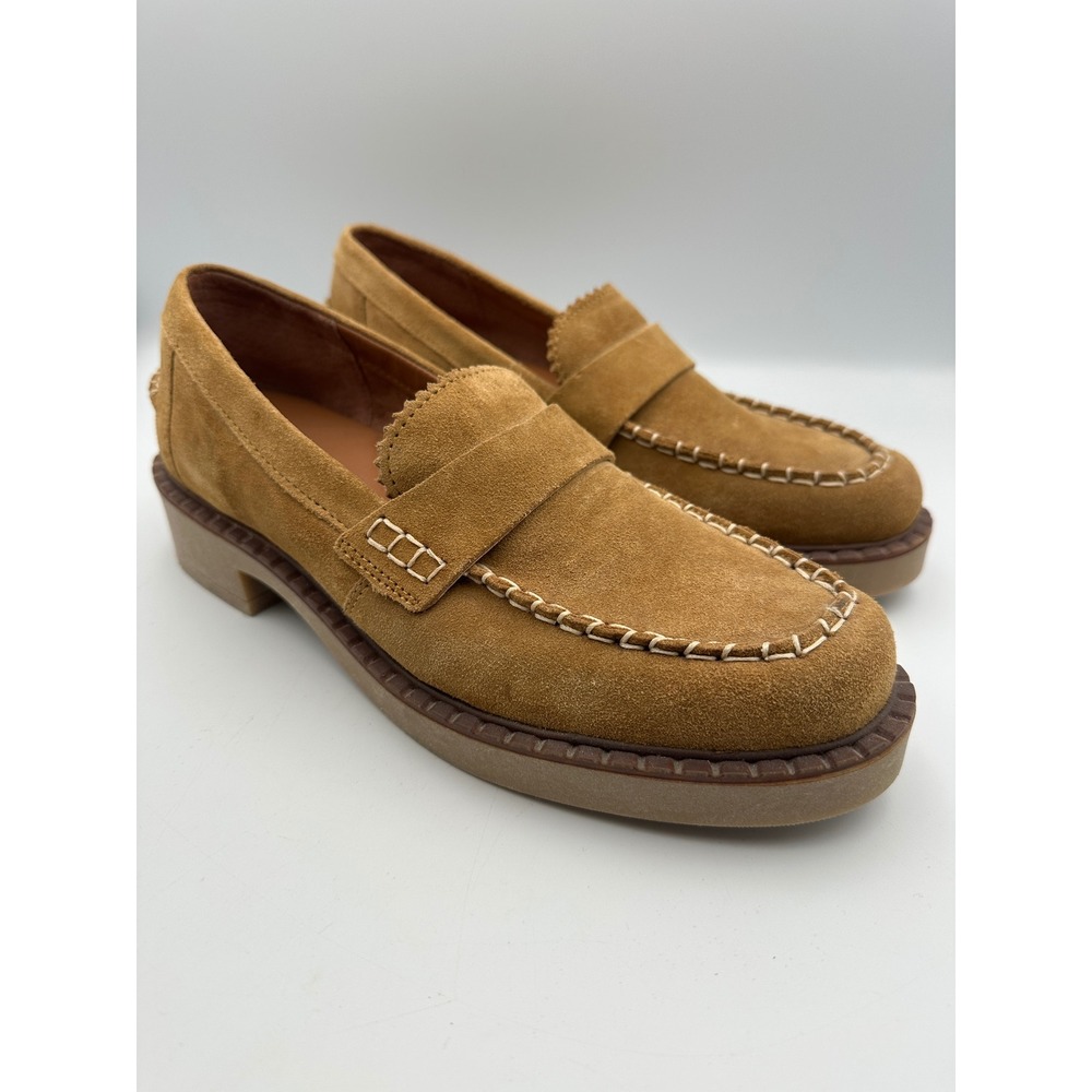 Lucky Brand‎ Larissah Leather Loafers Sz 10M Tan Suede Whipstitch Lug Sole Shoes